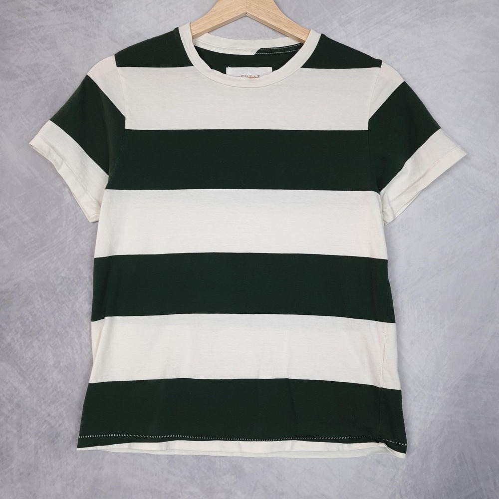 THE GREAT Shirt Womens 1 Green White Stripe Crew Neck Cotton Tee Classic